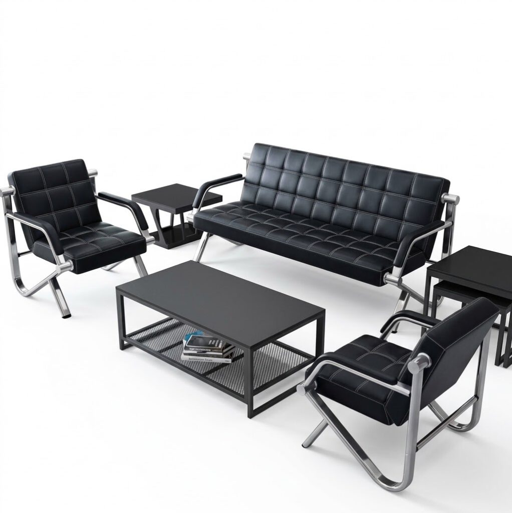 Modern Black Leather Office Reception Sofa and Table Set
