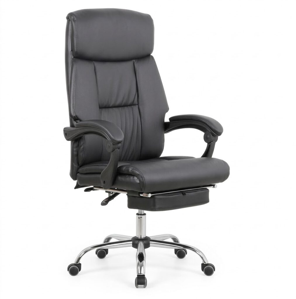 Black Leather High-Back Office Chair with Footrest