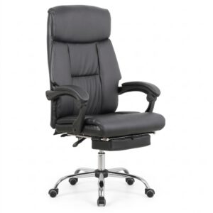 Black Leather High-Back Office Chair with Footrest