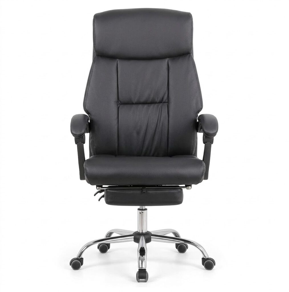 Black Leather High-Back Office Chair with Footrest