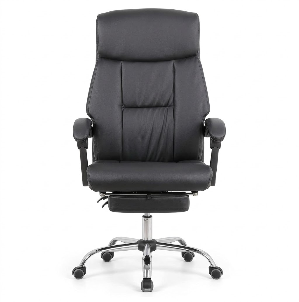 Black Leather High-Back Office Chair with Footrest